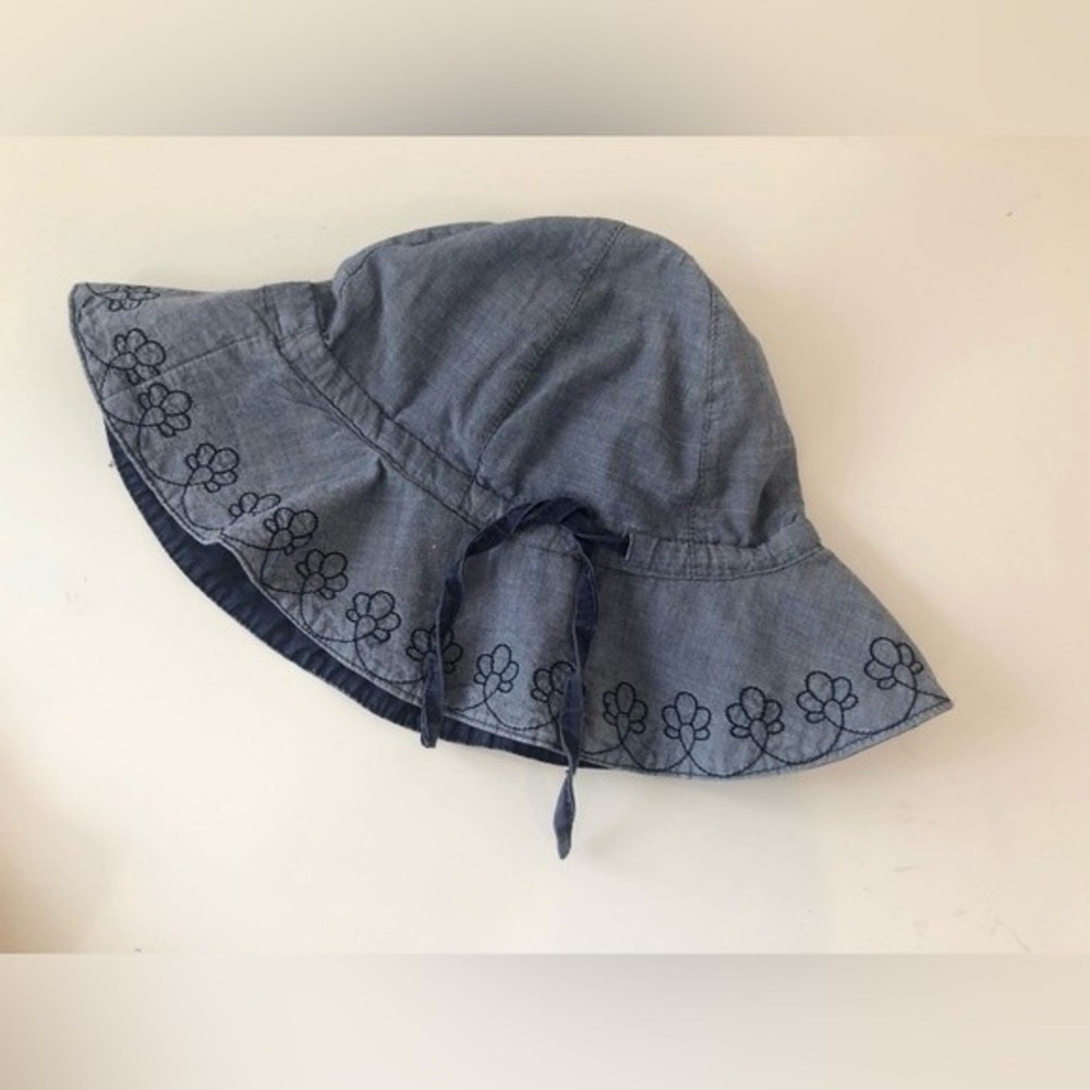 Polarn O. Pyret Sz 2-9 Years Blue Chambray Summer Girls Sun Hat embroide…
